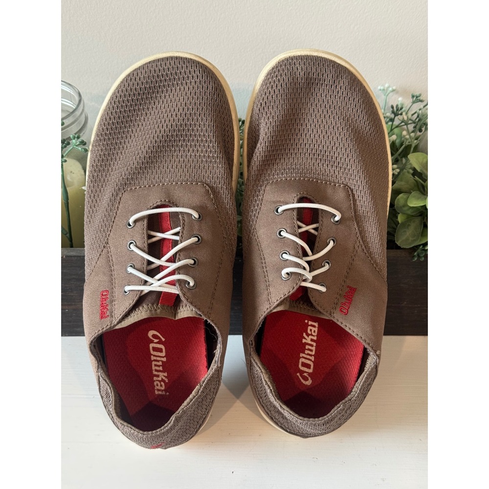 OluKai Nohea Moku Mens 7 Brown Red Mesh Boat Shoes Sneakers slip on boat shoe